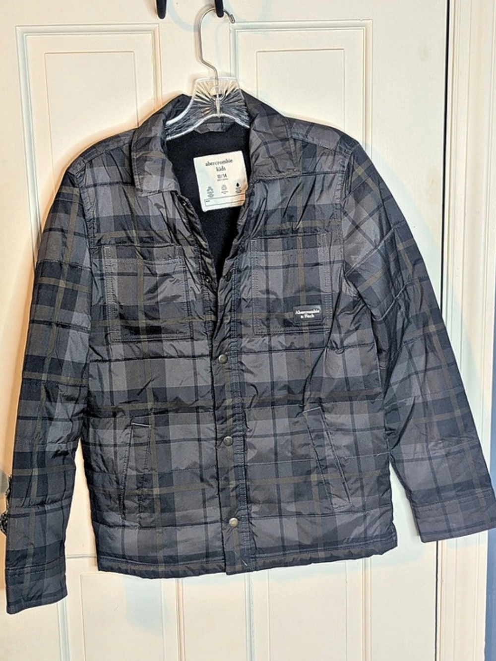 Abercrombie Kids Plaid Quilted Shirt Jacket Gray & Blue Boys 13/14